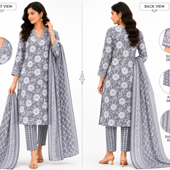 Gray Printed Cotton Kurta Pant Dupatta Set for Festive Wear - view 5