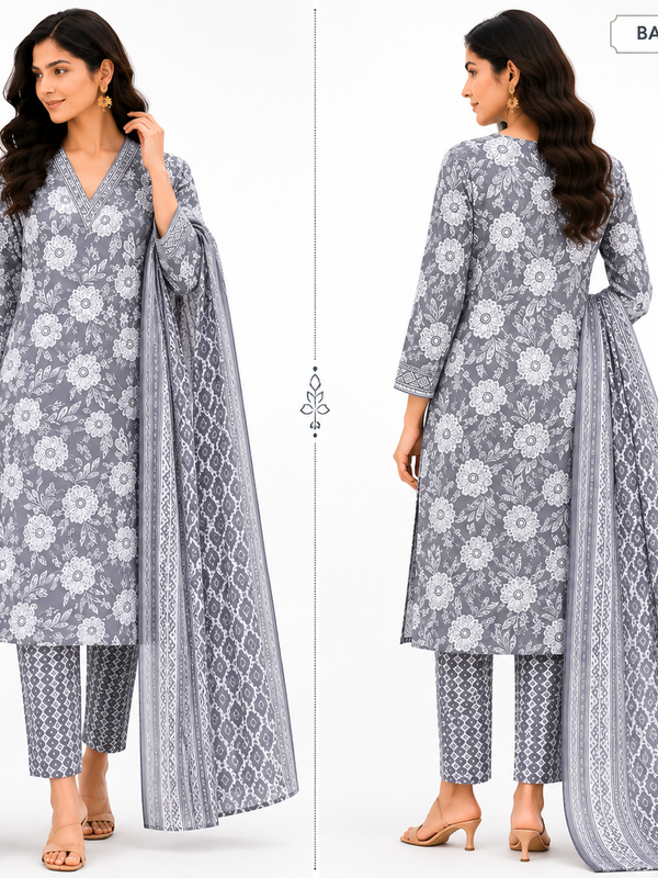 Gray Printed Cotton Kurta Pant Dupatta Set for Festive Wear - view 5