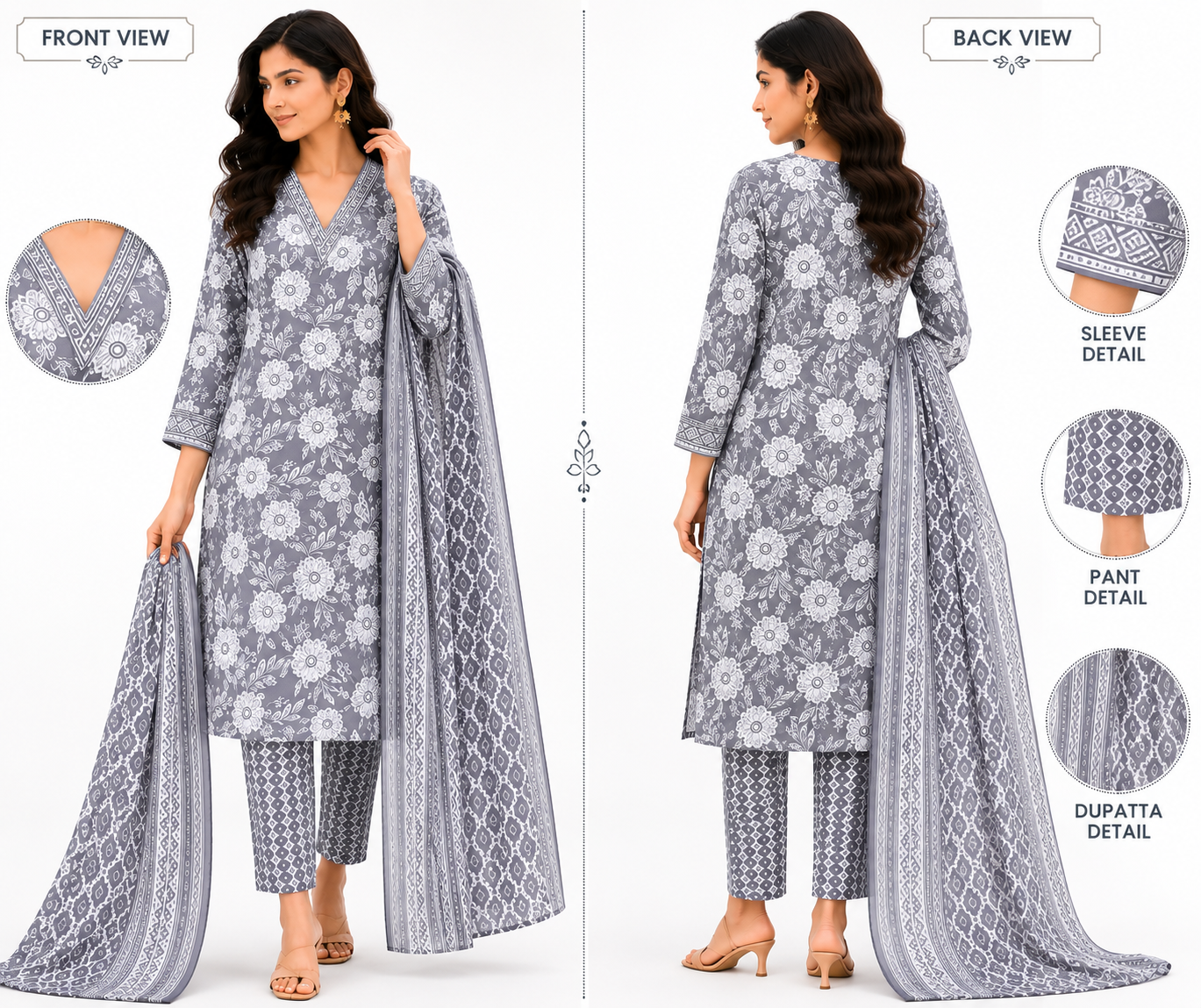 Women's Pure Cotton Printed Kurta Pant Dupatta Set | V-Neck | 3-Piece Ethnic Suit Set