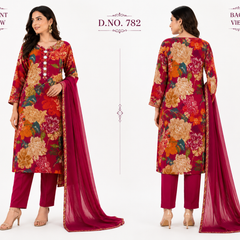 Red Floral-Print Kurta Pant Dupatta Set for Festive Wear - view 3
