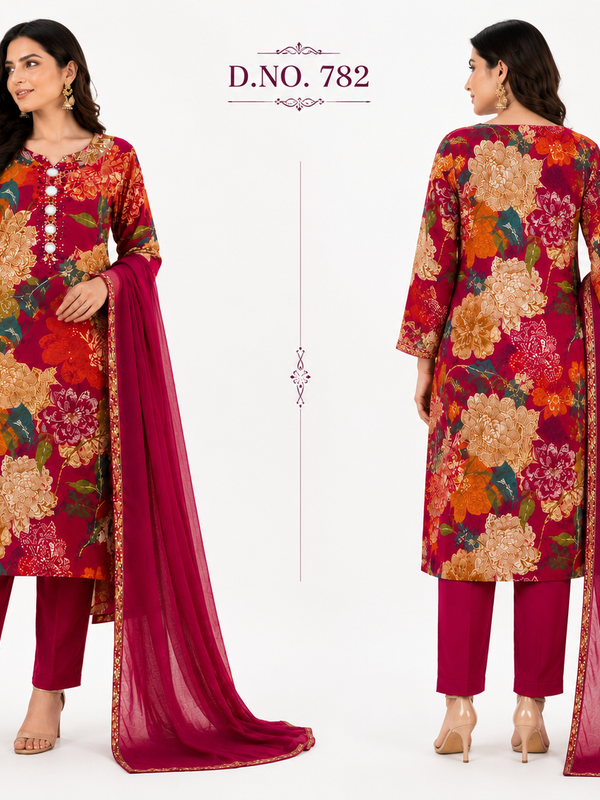 Red Floral-Print Kurta Pant Dupatta Set for Festive Wear - view 3