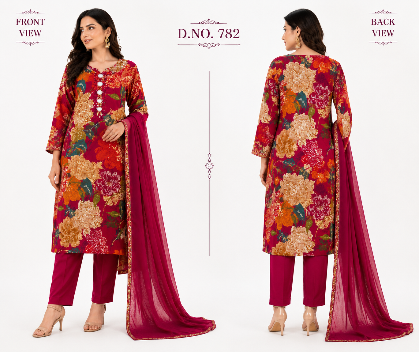 Women’s Floral Printed Kurta Pant Dupatta Set | Embellished Neck | Ethnic 3-Piece Suit Set