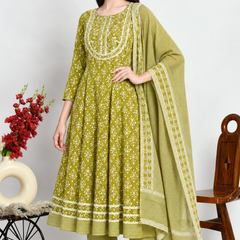 Green Embroidered Cotton Ethnic Suit Set for Casual Wear