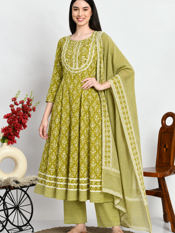 Green Embroidered Cotton Ethnic Suit Set for Casual Wear