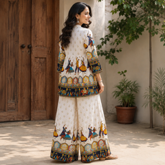 White Folk-Art Print Kurta Palazzo Set for Festive Wear - view 4