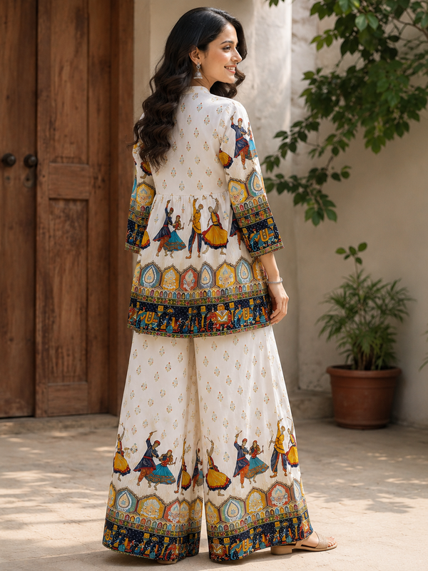 White Folk-Art Print Kurta Palazzo Set for Festive Wear - view 4