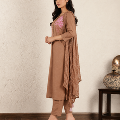 Pure Cotton Floral Embroidered Front-Pleated Ethnic Kurta Suit Set