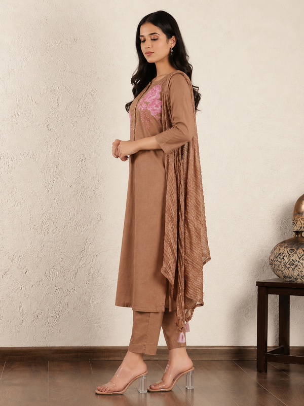 Pure Cotton Floral Embroidered Front-Pleated Ethnic Kurta Suit Set