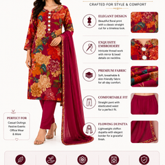 Red Floral-Print Kurta Pant Dupatta Set for Festive Wear - view 5