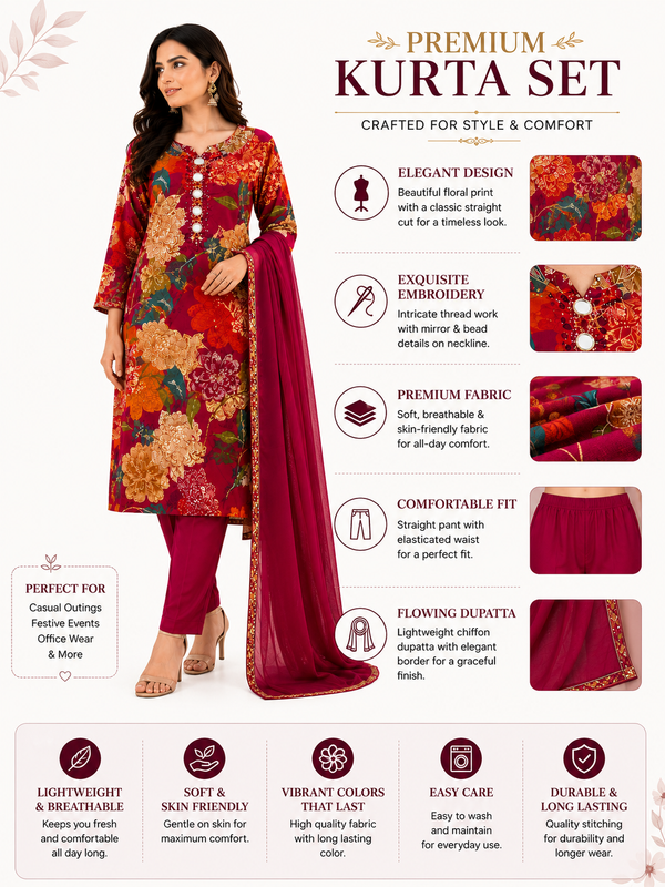 Red Floral-Print Kurta Pant Dupatta Set for Festive Wear - view 5