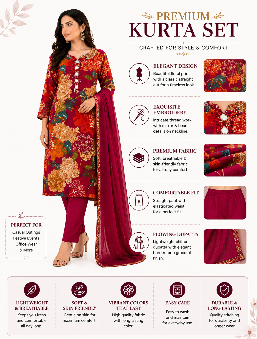 Women’s Floral Printed Kurta Pant Dupatta Set | Embellished Neck | Ethnic 3-Piece Suit Set