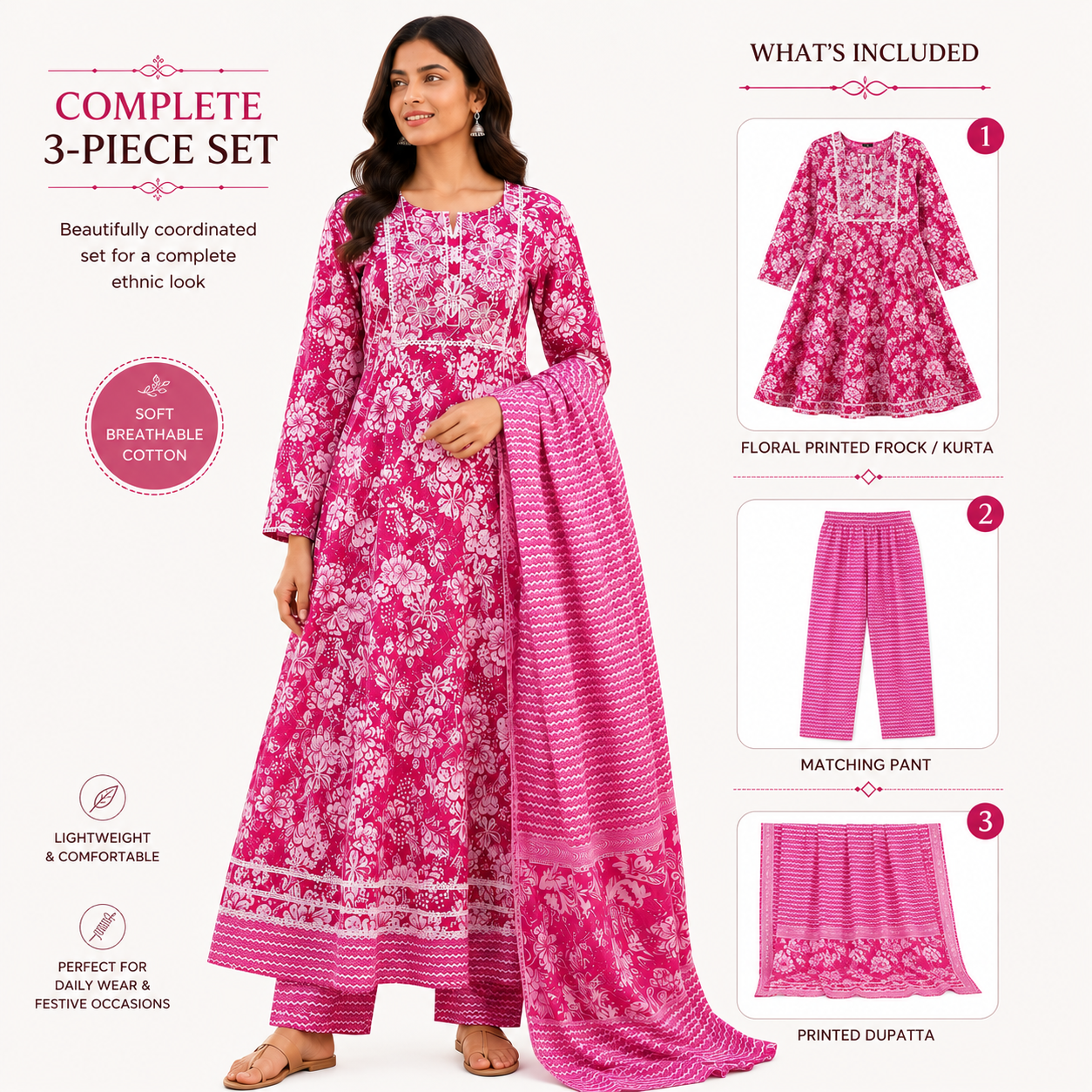 Women's Cotton Anarkali Kurta Pant Dupatta Set