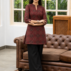 Red Printed Cotton Short Kurti for Office Wear