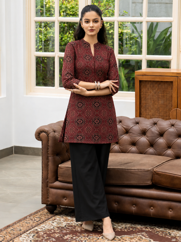 Red Printed Cotton Short Kurti for Office Wear
