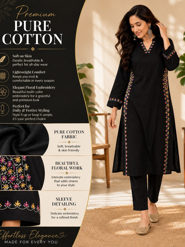 Black Embroidered Cotton Kurta Pant Set for Festive Wear - view 4