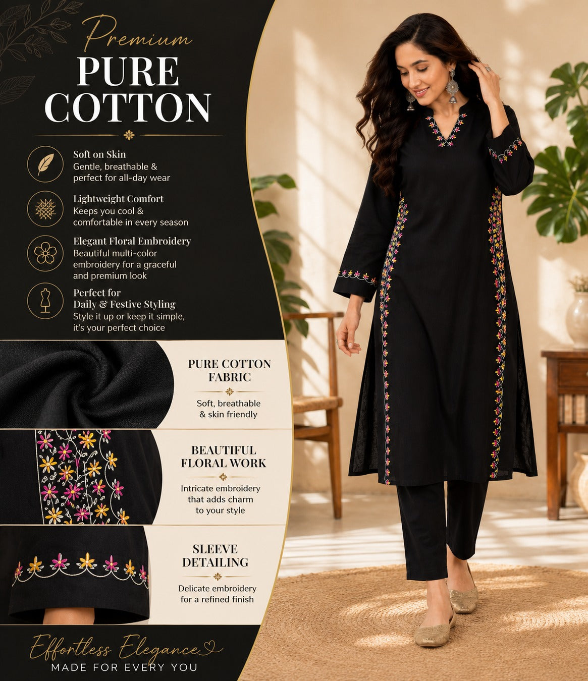 Premium Pure Cotton Embroidered Kurta Pant Set | Straight Fit | Daily & Office Wear