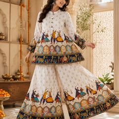White Folk-Art Print Kurta Palazzo Set for Festive Wear - view 6