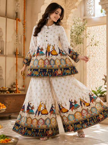 White Folk-Art Print Kurta Palazzo Set for Festive Wear - view 6