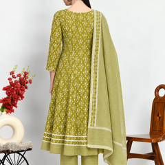 Green Embroidered Cotton Ethnic Suit Set for Casual Wear