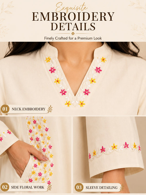 Floral Embroidered Cotton Kurta Pant Set for Festive Wear - view 2