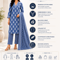 Blue Embroidered Cotton Kurta Pant Dupatta Set for Festive Wear - view 7