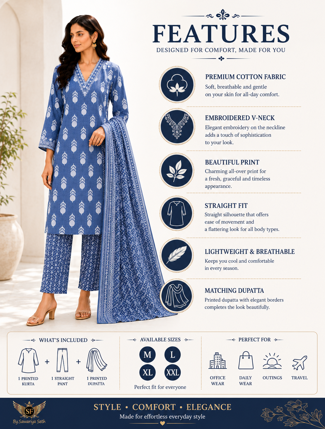 Women’s Cotton Printed Kurta Pant Dupatta Set | Embroidered V-Neck | Ethnic 3-Piece Suit Set