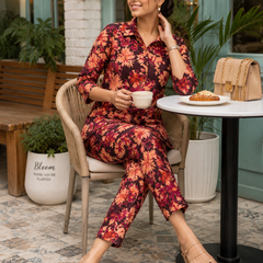Floral-Print Co-Ord Set for Office Wear with V-Neck