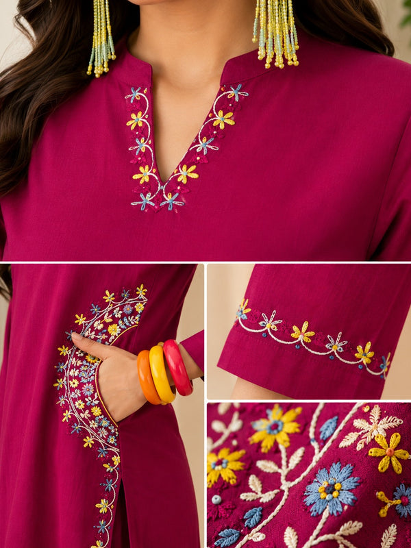 Pink Embroidered Kurta Pant Set for Festive Wear - view 2