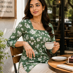 Floral-Print Kurti for Office Wear with Square Neck