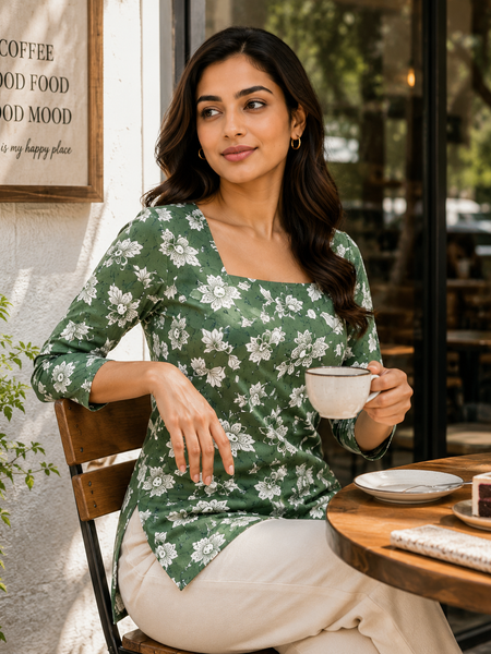 Floral-Print Kurti for Office Wear with Square Neck