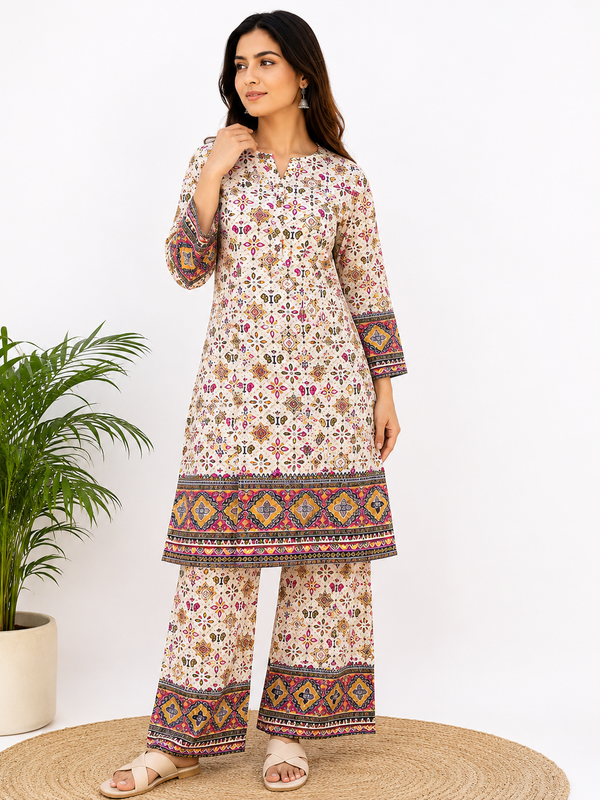 White Printed Rayon Kurta Palazzo Co-Ord Set for Festive Wear - view 3