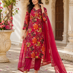 Red Floral-Print Kurta Pant Dupatta Set for Festive Wear
