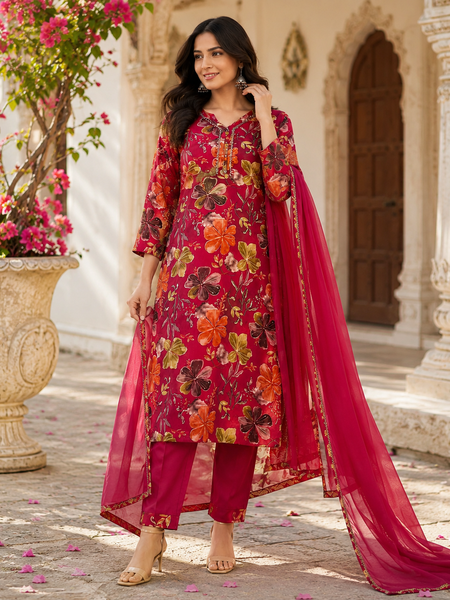 Red Floral-Print Kurta Pant Dupatta Set for Festive Wear