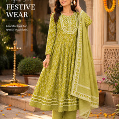 Green Embroidered Cotton Ethnic Wear for Casual Wear - view 2