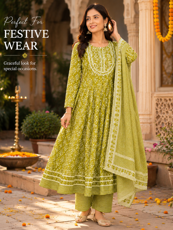 Green Embroidered Cotton Ethnic Wear for Casual Wear - view 2