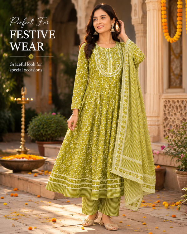 Women's Cotton Anarkali Kurta Pant Dupatta Set | Embroidered Ethnic Suit Set