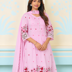 Pink Pintuck Anarkali Suit Set with Floral Embroidered Dupatta