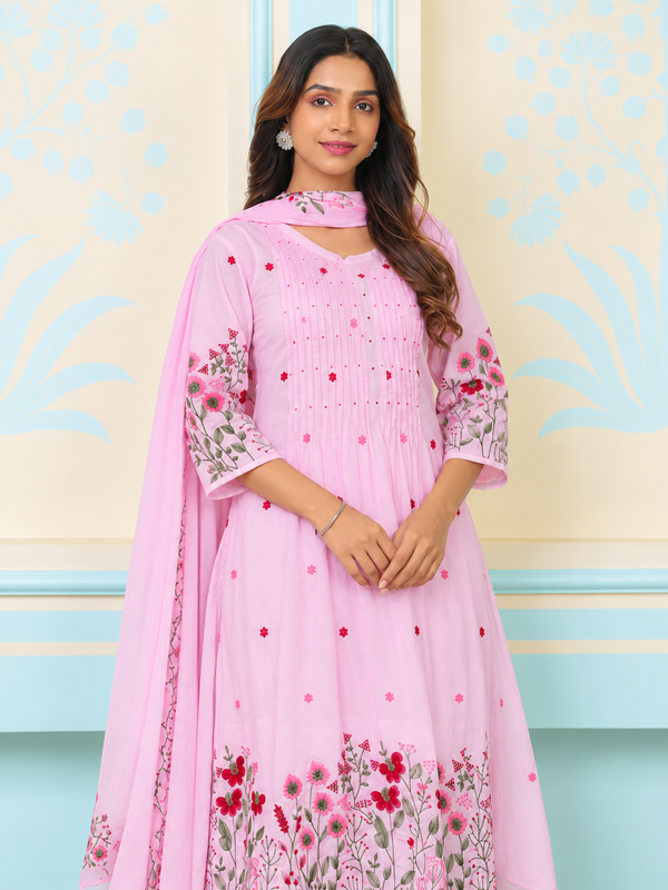 Pink Pintuck Anarkali Suit Set with Floral Embroidered Dupatta
