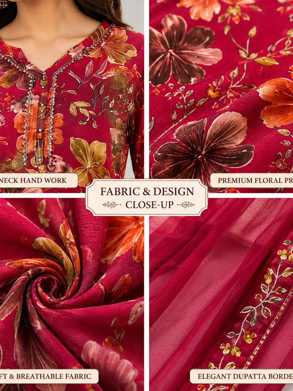 Red Floral-Print Kurta Pant Dupatta Set for Festive Wear - view 3