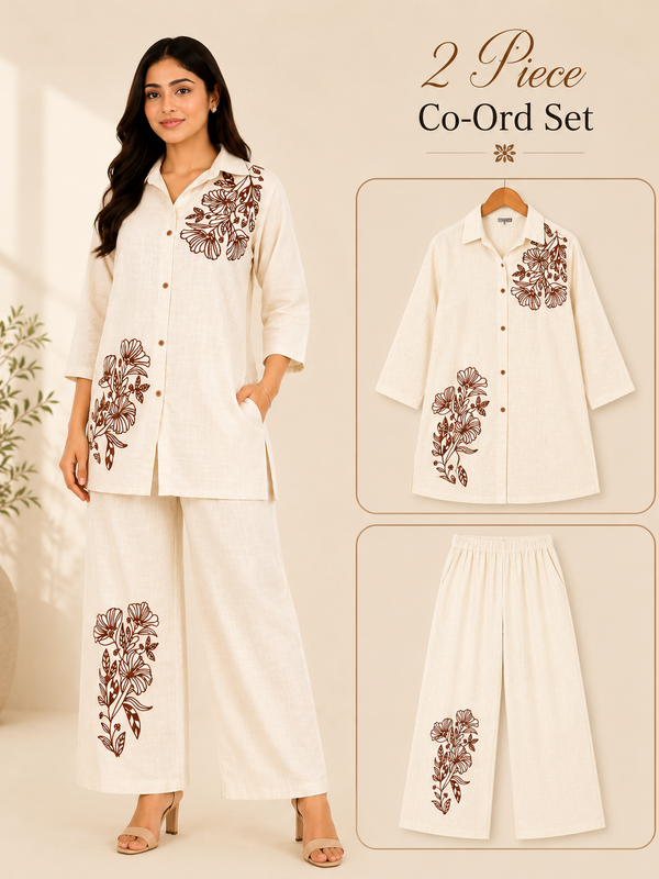 Floral Embroidered Cotton Kurta Palazzo Co-Ord Set for Festive Wear - view 2