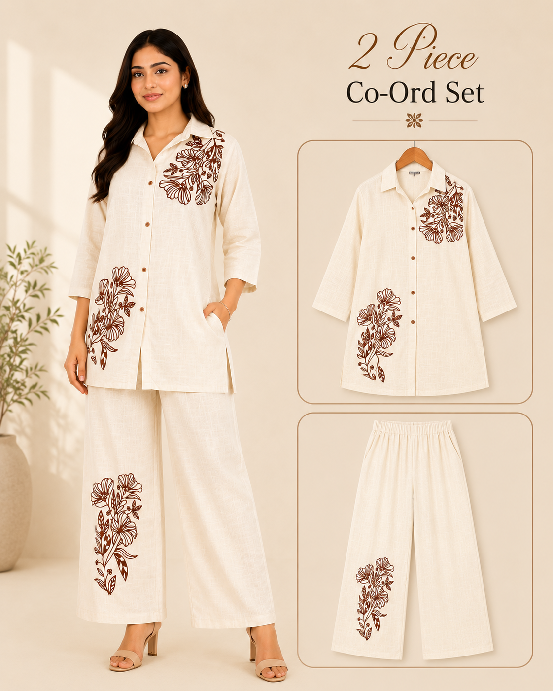 Women's Floral Embroidered Co-Ord Set | Premium Cotton Blend Shirt & Palazzo Pants Set