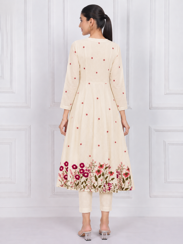 Off White Anarkali Suit Set with Floral Embroidered Dupatta