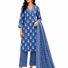 Blue Embroidered Cotton Kurta Pant Dupatta Set for Festive Wear - view 5