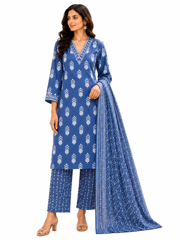 Blue Embroidered Cotton Kurta Pant Dupatta Set for Festive Wear - view 5