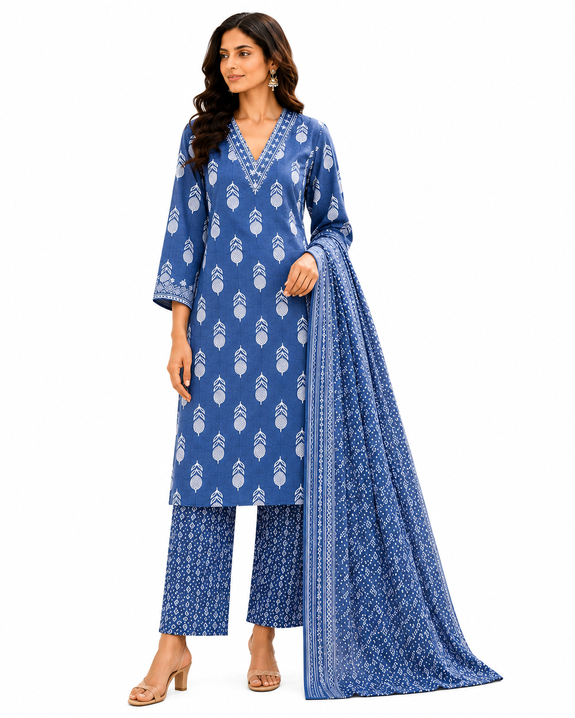 Women’s Cotton Printed Kurta Pant Dupatta Set | Embroidered V-Neck | Ethnic 3-Piece Suit Set