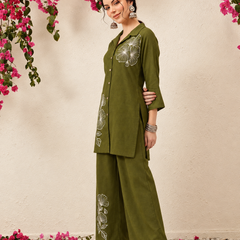 Floral Embroidered Shirt & Pant Co-Ord Set for Office Wear
