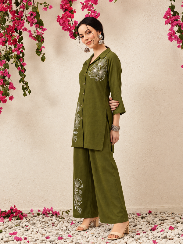 Floral Embroidered Shirt & Pant Co-Ord Set for Office Wear