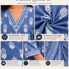 Blue Embroidered Cotton Kurta Pant Dupatta Set for Festive Wear - view 3