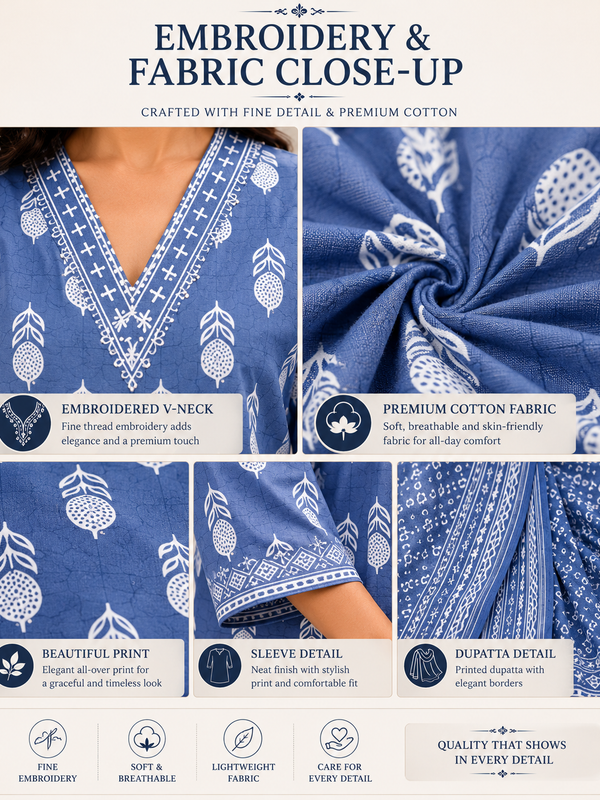 Blue Embroidered Cotton Kurta Pant Dupatta Set for Festive Wear - view 3