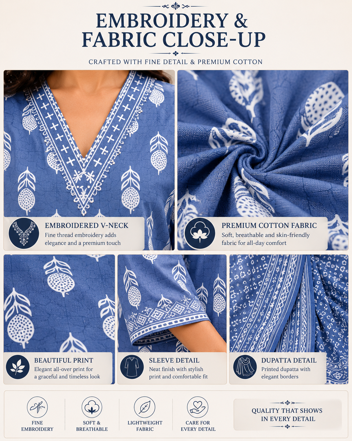 Women’s Cotton Printed Kurta Pant Dupatta Set | Embroidered V-Neck | Ethnic 3-Piece Suit Set